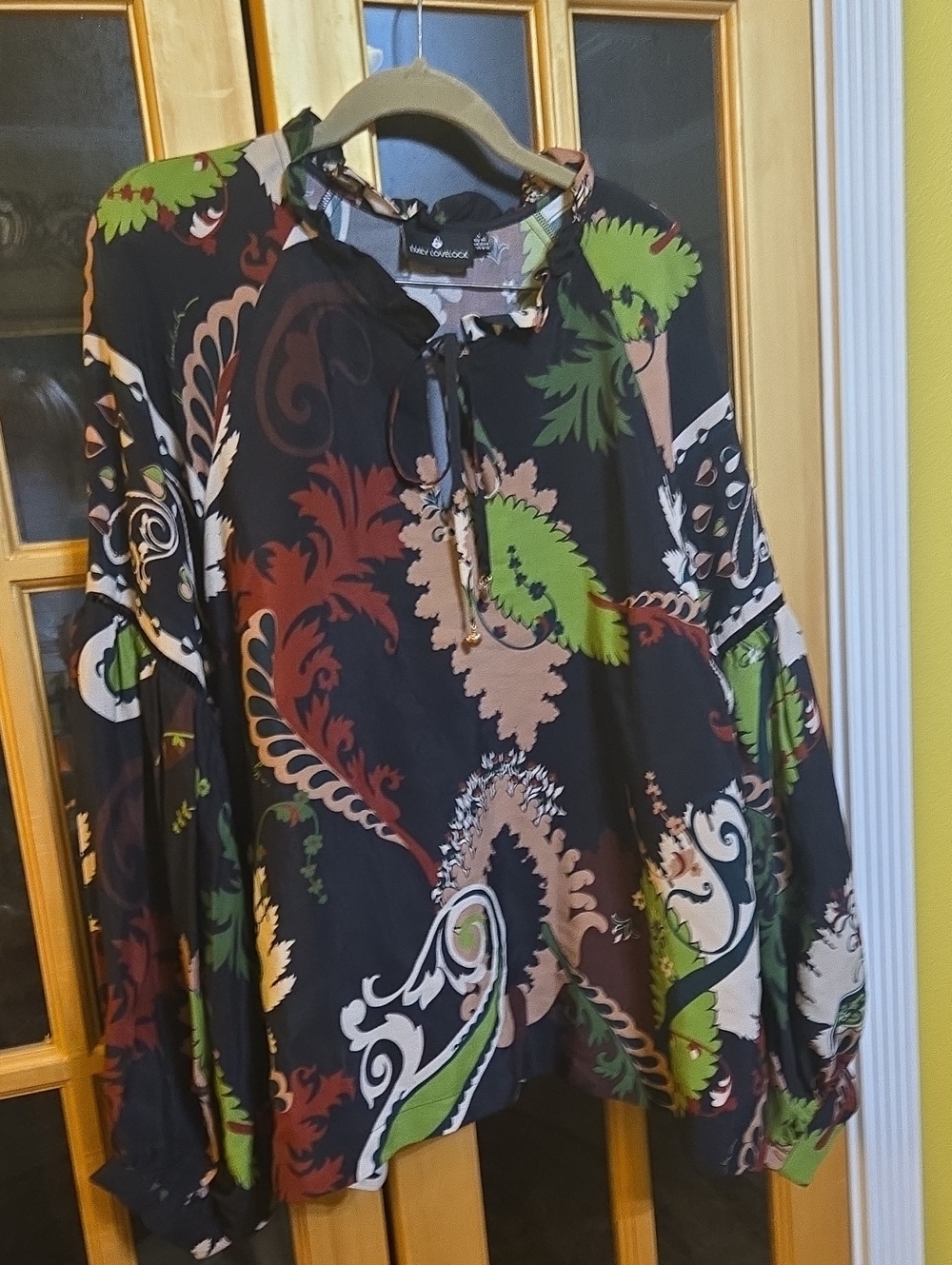 Emily Lovelock Black Burgundy Sand And Green Floral & Paisley Print Blouse